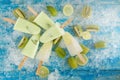 Crushed ice cubes and lemon, kiwi, homemade ice cream on vintage Royalty Free Stock Photo