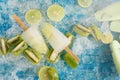 Crushed ice cubes and lemon, kiwi, homemade ice cream on vintage Royalty Free Stock Photo