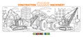 Crushing equipment and dump truck. Coloring book with background