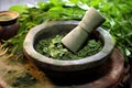 crushing herbs in mortar for making herbal medicine Royalty Free Stock Photo