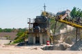 Crushing machinery, cone type stone crusher, conveying crushed granite gravel stone in a quarry open pit mining. Processing plant Royalty Free Stock Photo