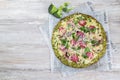 Crust Broccoli base low carbs keto pizza with salami, avocado on vintage newspapper. Top view