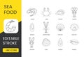 Crustaceans and mollusks set line icons in vector, seafood editable stroke. Mussels and clam, crayfish and scallops