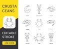 Crustaceans set line icons in vector, seafood editable stroke. Lobster and crab, crayfish and shrimp, langoustines