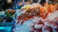 Crustaceans and shellfish on ice at seafood market Royalty Free Stock Photo