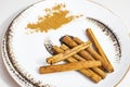Istanbul,turkey-june 16,2020.crusted and powdered cinnamon on a decorative plate.