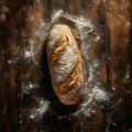 Crusty bread loaf on rustic wooden table with flour Royalty Free Stock Photo