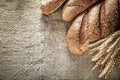 Crusty bread rye ears on burlap background Royalty Free Stock Photo