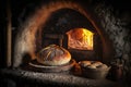 Crusty freshly baked traditional bread on a rustic wooden table with traditional oven in the background. Ai generated art Royalty Free Stock Photo