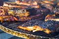 Crusty grilled pork ribs on metal lattice at barbecue party Royalty Free Stock Photo