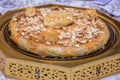 Crusty pie with chicken, close view, arabian style