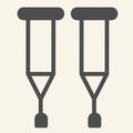 Crutches solid icon. Stick with a crosspiece for lame person glyph style pictogram on white background. Medical walking