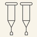 Crutches thin line icon. Stick with a crosspiece for lame person outline style pictogram on white background. Medical