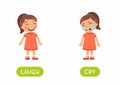 Cry and laugh antonyms flashcard vector template