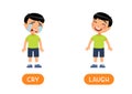 CRY and LAUGH antonyms flashcard vector template. Opposites concept.