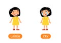 CRY and LAUGH antonyms flashcard vector template. Opposites concept. Word card for english language learning with flat characters.