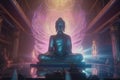 Cryberpunk neon light buddha statue in temple