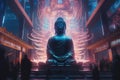 Cryberpunk neon light buddha statue in temple