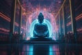 Cryberpunk neon light buddha statue in temple