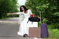 Crying alone bride at the road Royalty Free Stock Photo