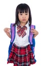 Crying Asian Chinese little student girl with school bag