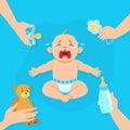 Crying Baby Banner with Place for Text, Cute Little Baby in Diaper Feeling Discomfort Vector Illustration