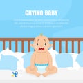 Crying Baby Banner with Place for Text, Cute Little Baby in Diaper Sitting in the Bed and Crying Vector Illustration Royalty Free Stock Photo