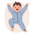 Crying baby. Cute little crybaby boy, toddler baby wearing blue romper. Weeper kid flat cartoon vector illustration
