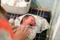 Crying baby when swaddling. A newborn 1 week old baby being examined by a pediatrician Royalty Free Stock Photo