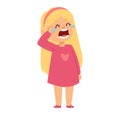 Crying blonde little girl in pink dress wiping tears. Upset child, emotional distress, unhappy preschooler vector