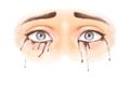 Crying blue female eyes, with tears on her cheeks, with streaks of makeup on her cheeks. Suffering, pain of loss, depression