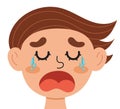 Crying boy face. Little sad kid clipart. Pain emotion