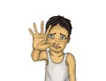Crying boy, hand signals to stop the violence and pain.