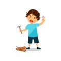 Crying boy with injured thumb, kid bruised a finger while hammering a nail vector Illustration on a white background Royalty Free Stock Photo