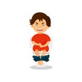 Crying boy sitting on the toilet suffering from diarrhea and abdominal pain vector Illustration on a white background