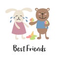 Crying bunny girl with smiling bear boy. Friends cute cartoon vector illustration card