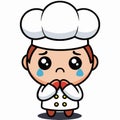 Crying chef cartoon with big eyes, white hat, pleading hands, and a sad expression Royalty Free Stock Photo