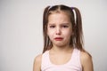 Crying child girl against white background