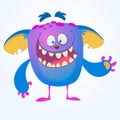 Crying cute monster cartoon. Blue adorable tiny monster troll, gremlin or goblin crying with tear. Vector illustration Royalty Free Stock Photo