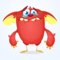 Crying cute monster cartoon. Red adorable tiny monster troll, gremlin or goblin crying with tear. Vector illustration