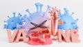 Crying cute orange and blue colona virus character and text vaccine on white background.,vaccine covid-19.,3d model and