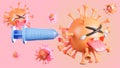 Crying cute orange colona virus character being injected with syringe on pastel background.,vaccine covid-19.,3d model and