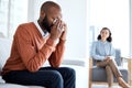 Crying, depression and black man for psychologist help, support and services of patient mental health. Counseling