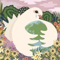 Crying dove of peace holding the globe. Drawing surrounded by flowers. Pacifism concept. Peacekeeping. Day of Earth