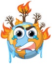 Crying earth cartoon character from greenhouse effect and global warming