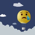Crying emoticon hot air balloon flying with clouds on sky, traveling concept, Cute emoticon, Loudly Crying Face emoji.