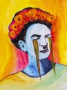 Crying Frida Kahlo painted with acrylics