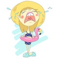 Crying girl with flamingo