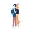 Crying girl hug cold avoidant male vector flat illustration. Woman with broken heart and coldness ignoring partner