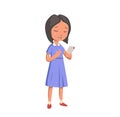 Crying girl with phone. Upset girl in blue dress. Flat vector illustration. Isolated on white background.
